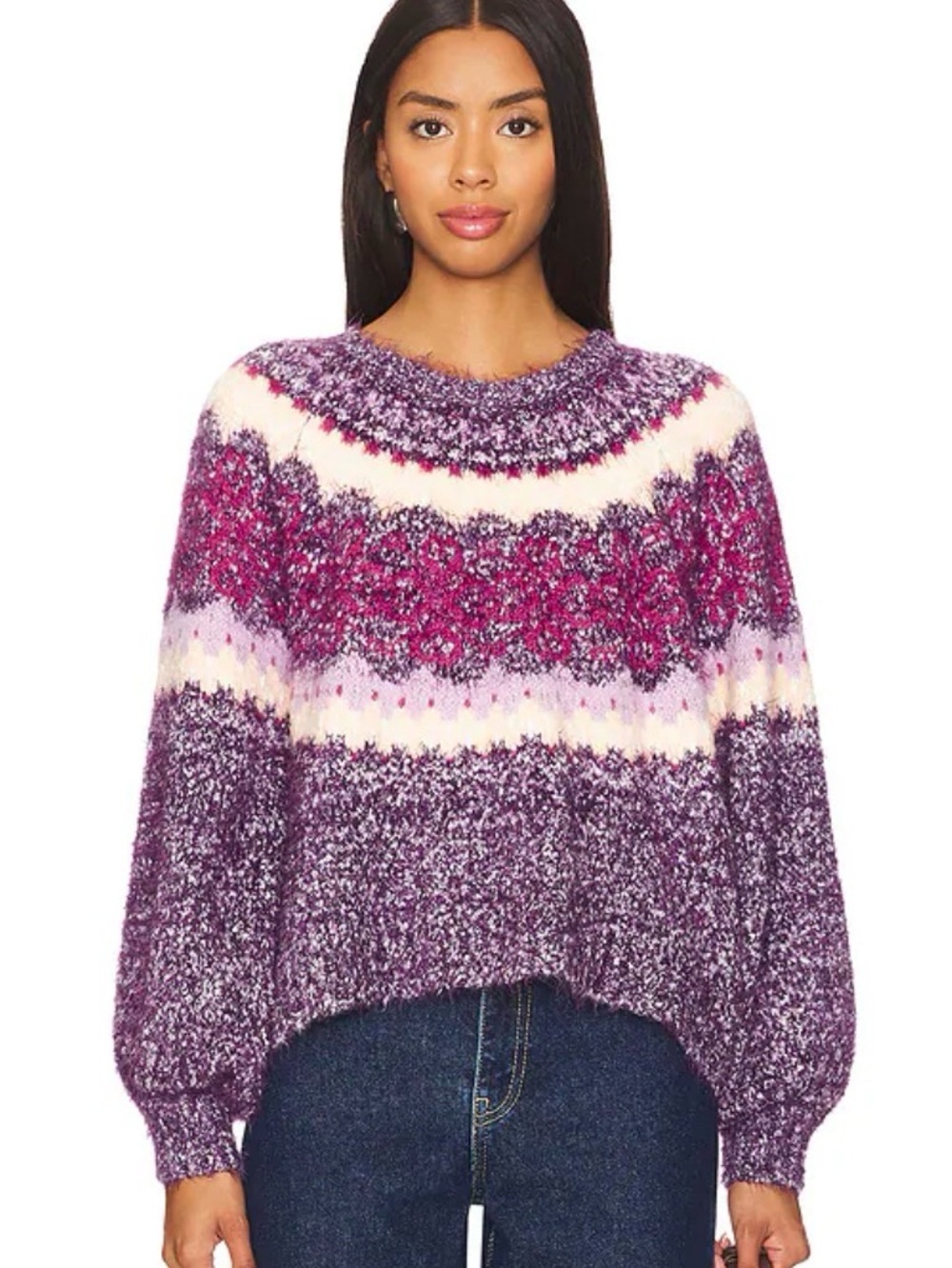 Free People festive frost cozy purple fair isle knit sweater Sz XS